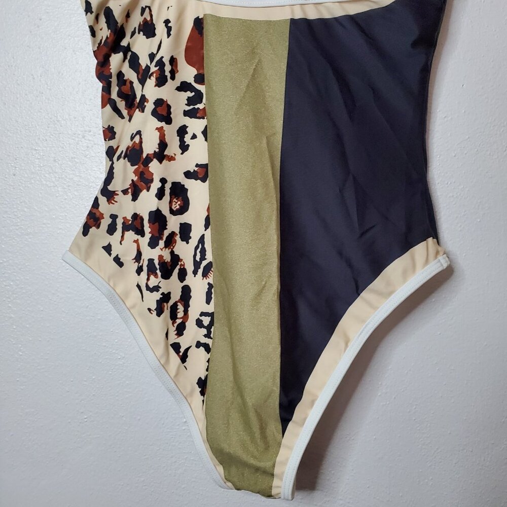 Swimsuit Womens Sz M Green Tan Animal Print  One Piece Tie at Shoulder Bows - Picture 9 of 11
